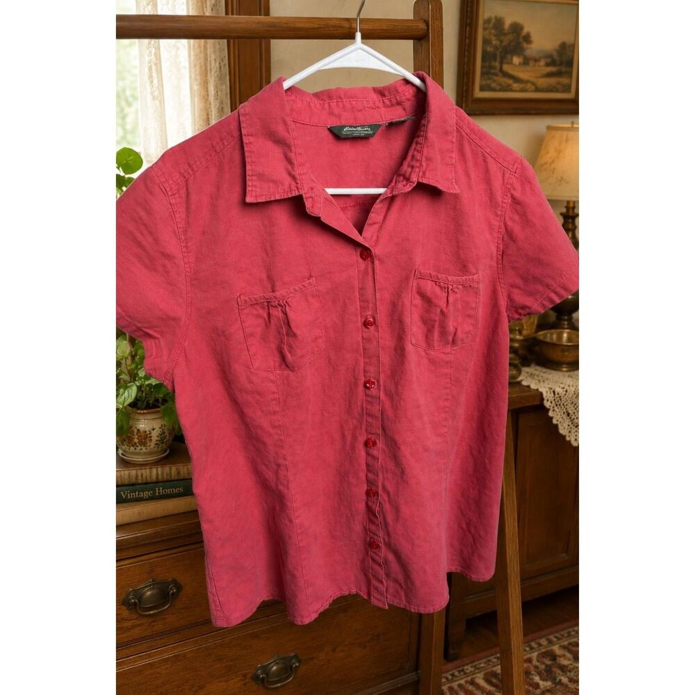 Eddie Bauer Short Sleeve Button Down Shirt Size XL Red Linen Cotton